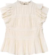AllSaints Harriet Lace Trim Shirred Flutter Sleeve Peplum Top