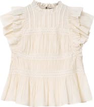 AllSaints Harriet Lace Trim Shirred Flutter Sleeve Peplum Top