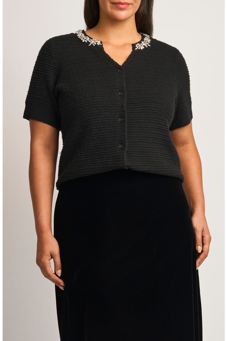 Embellished Short Sleeve Cardigan, Main, color, RICH BLACK