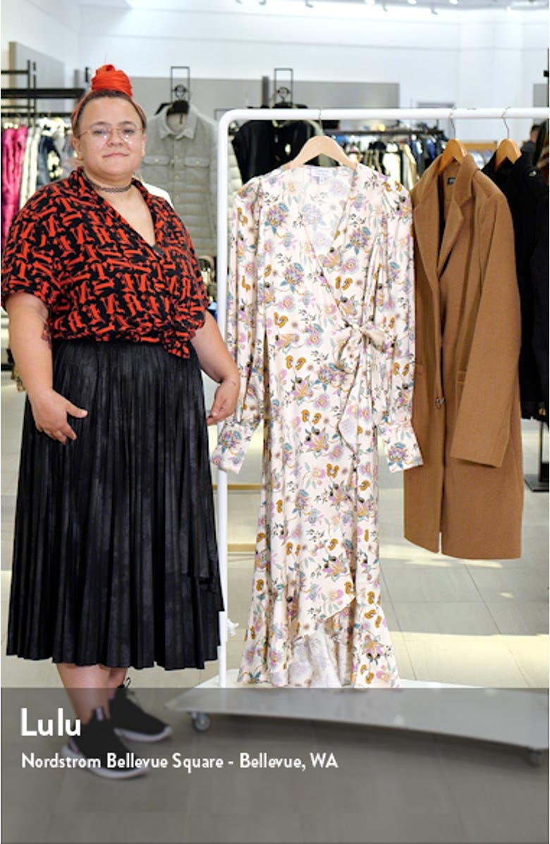 Paisley Ruffle Long Sleeve Satin Wrap Dress, sales video thumbnail