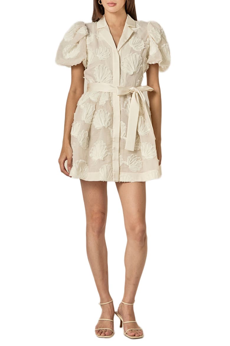 Shell Puff Sleeve Tie Waist Minidress, Main, color, OFF WHITE