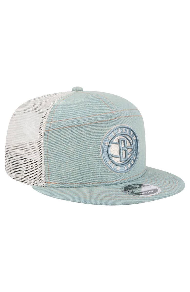 New Era Men's New Era Brooklyn Nets Adventure Denim Split Panel 9FIFTY Snapback Trucker Hat, Alternate, color, Denim