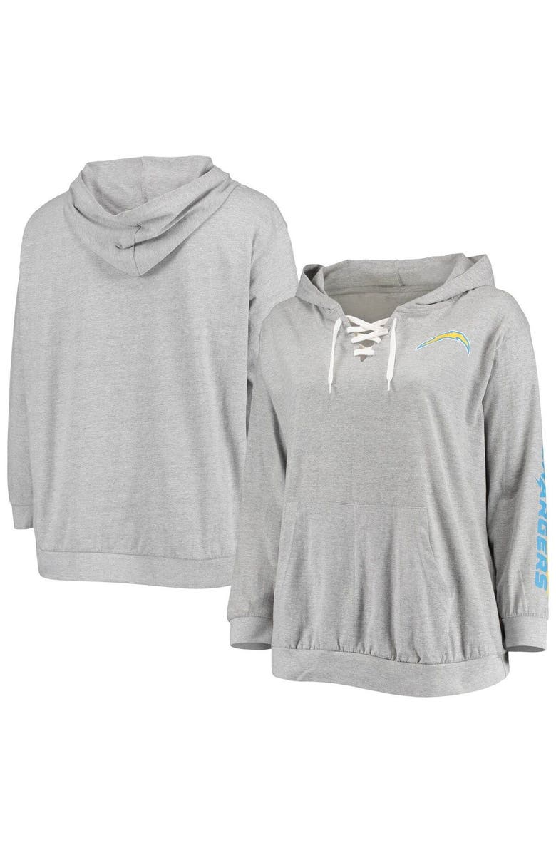 FANATICS Women's Fanatics Branded Heathered Gray Los Angeles Chargers Plus Size Lace-Up Pullover Hoodie, Main, color, 