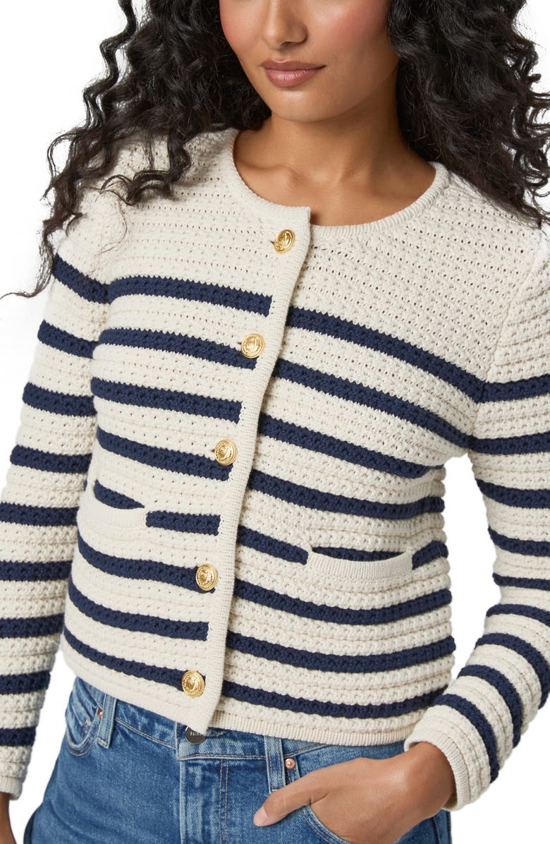 PAIGE Oberon Stripe Cotton Blend Cardigan, Alternate, color, Ivory/ Dark Ink Blue