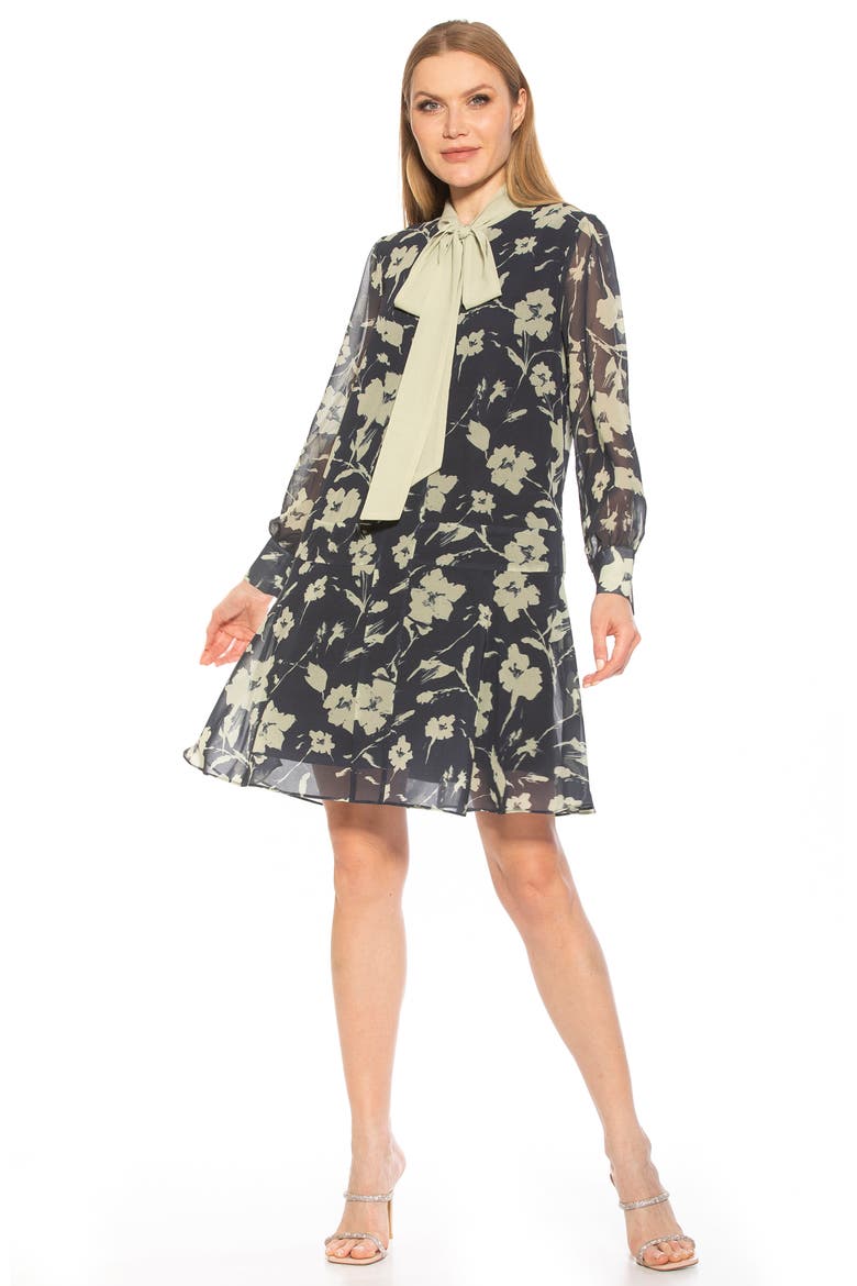 Drop Waist Tie Neck Long Sleeve Dress, Alternate, color, BLACK WHITE FLORAL