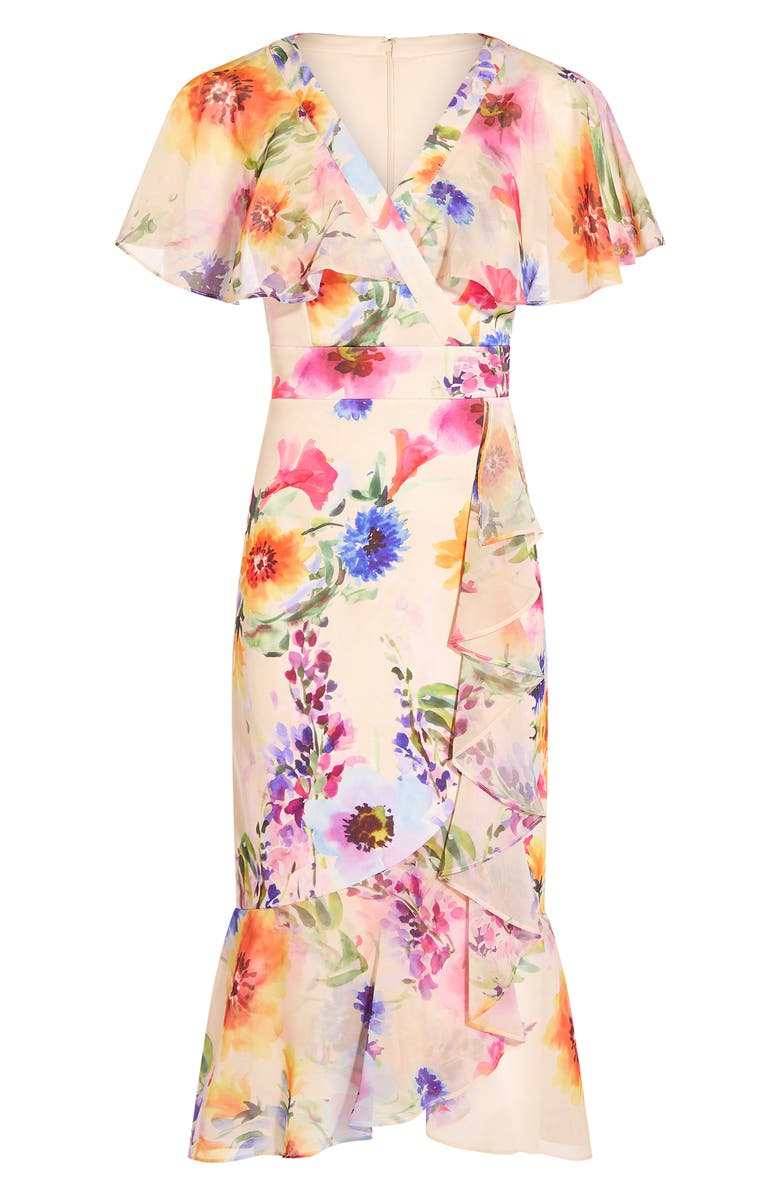 Adrianna Papell Floral Ruffle Faux Wrap Midi Dress, Alternate, color, 