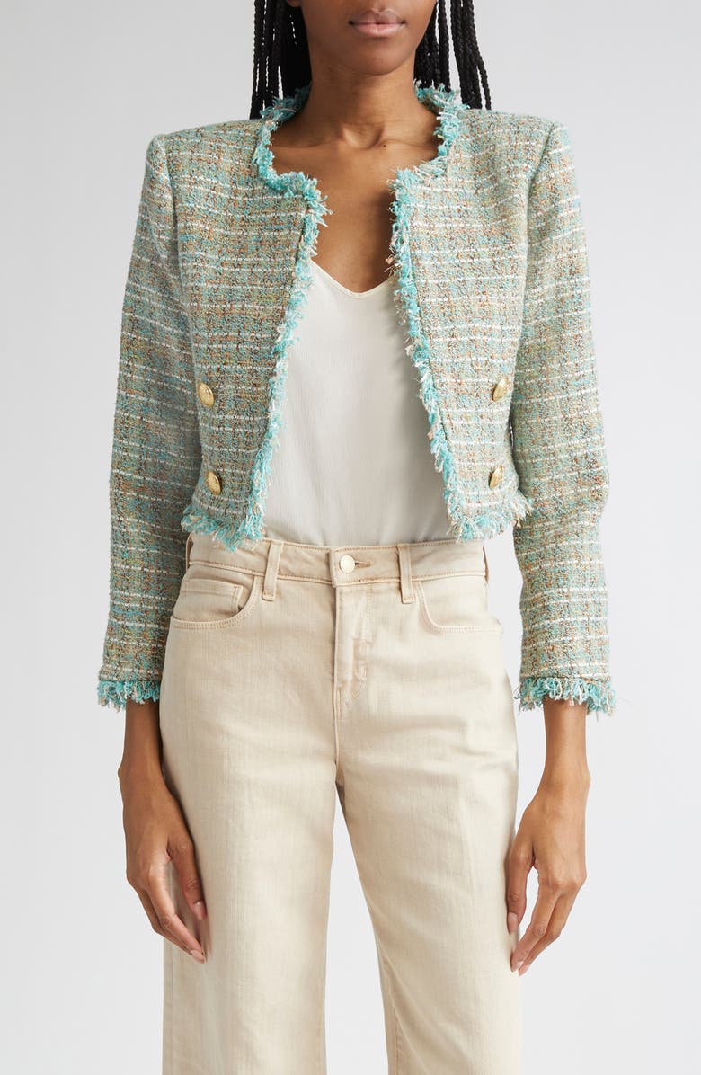 L'AGENCE Clydie Collarless Crop Blazer, Main, color, Lagoon/ Light Brown Tweed