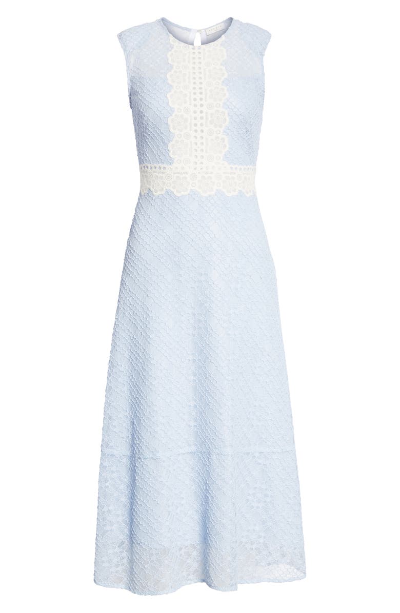 SANDRO Bleu Ciel Lace Midi Dress, Alternate, color, 