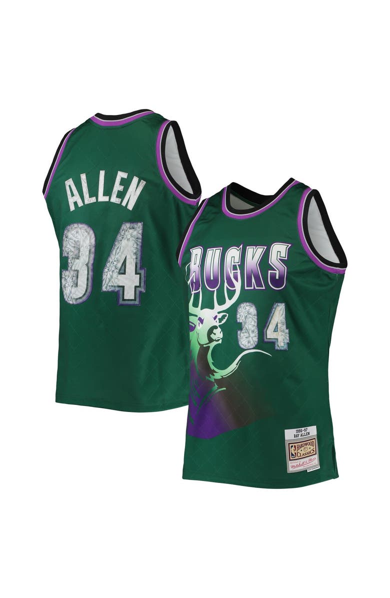 Mitchell & Ness Men's Mitchell & Ness Ray Allen Green Milwaukee Bucks 1996/97 Hardwood Classics NBA 75th Anniversary Diamond Swingman Jersey, Main, color, Green