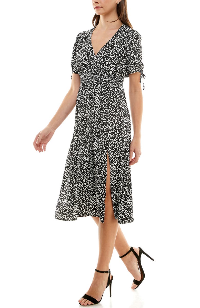 Socialite Puffy Sleeves Floral V-Neck Midi Dress, Alternate, color,