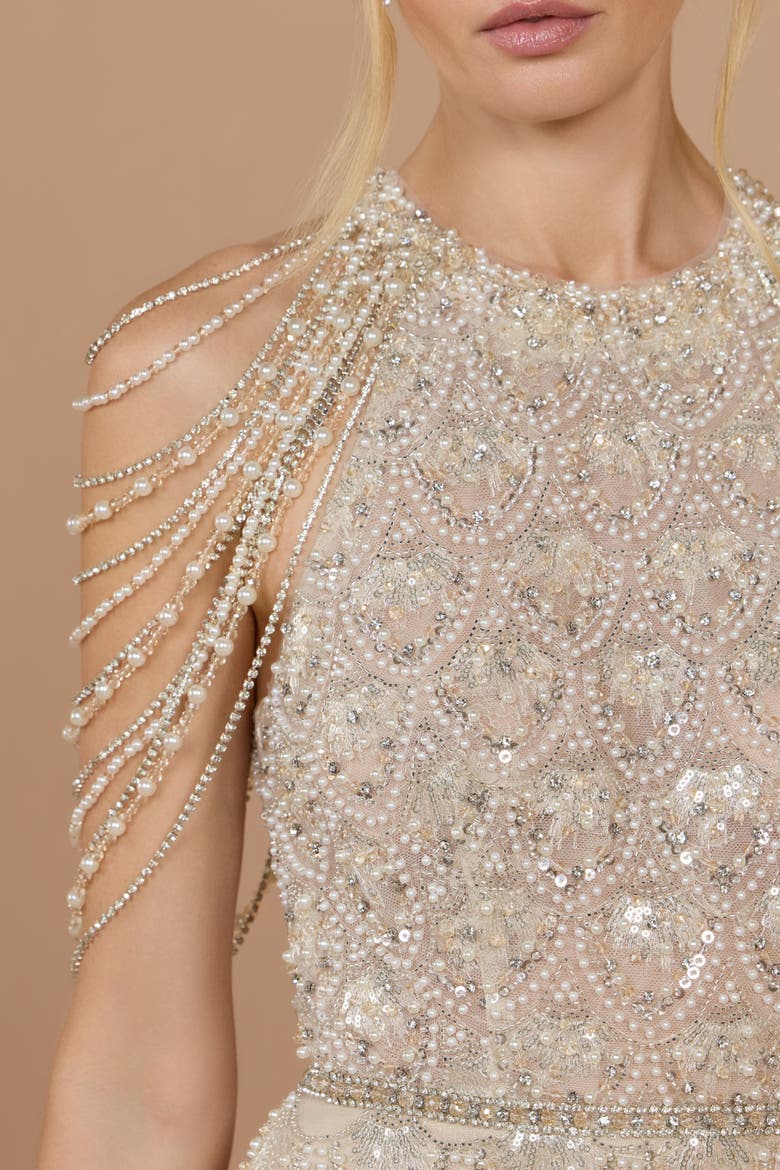 Draped Pearl Embellished Column Gown, Alternate, color, Cream Nude