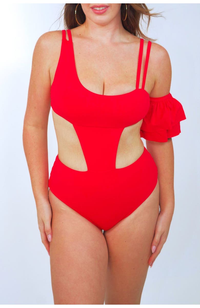 Mary Mercedes Rafa One Piece Swimsuit With Ruffle Sleeve, Main, color, Red