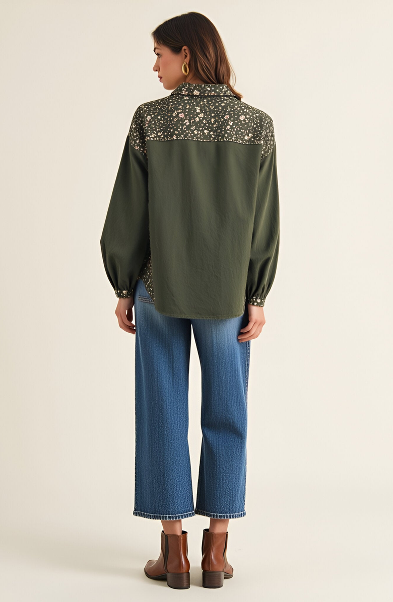 Modenaire Long Sleeve Floral Print Trim Button Up Shirt, Alternate, color, Floral Print