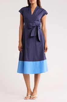 Vince Camuto Colorblock Cap Sleeve Cotton Poplin Midi Dress
