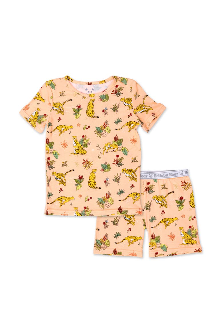 Pounce In Paradise Cheetah Kids 2-Piece Short Sleeve & Shorts Pajama Set, Main, color, Pounce In Paradise Cheetah