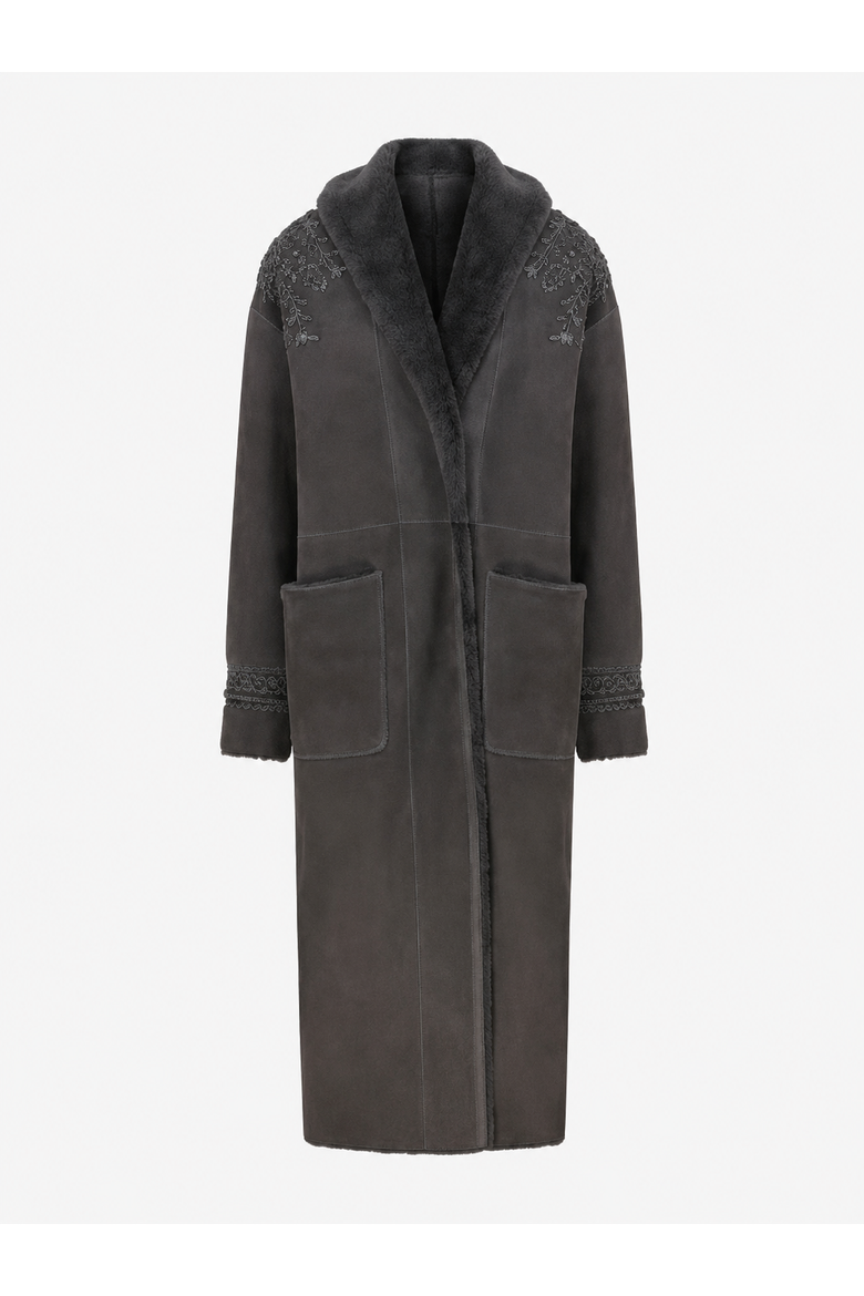 Ilda Long Merino Curly Shearling Coat with Embroidery, Main, color, Grigio