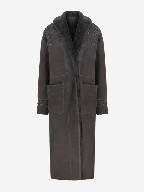 Ilda Long Merino Curly Shearling Coat with Embroidery
