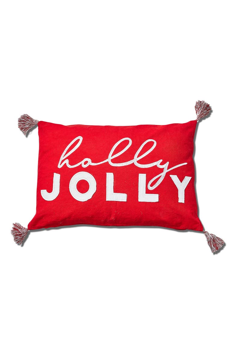 Holly Red Cotton Throw Pillow for Christmas Winter Decor, Main, color, Red