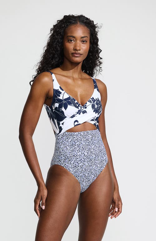 Lands' End Wrap Monokini High Leg One Piece Swimsuit In White/deep Sea Navy Lilies Mix