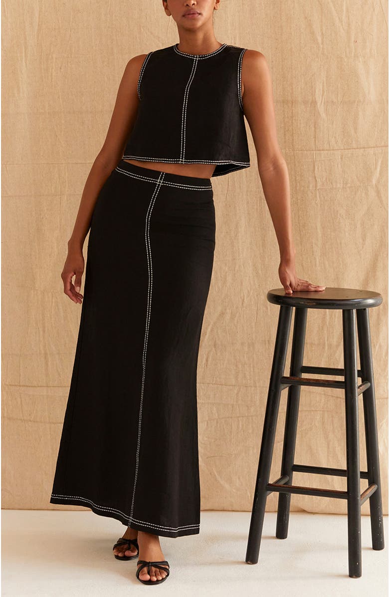 CRESCENT Embroidered Contrast Stitch Linen Crop Top, Alternate, color,