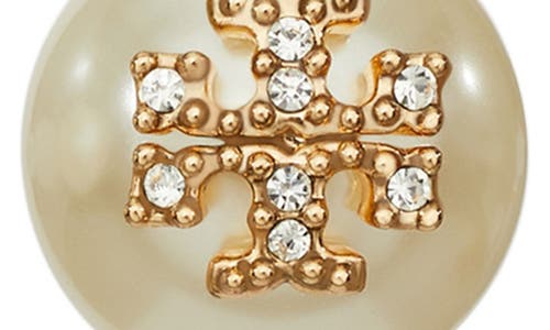 Tory Burch Kira Stacked-t Logo Faux Pearl Stud Earrings In Gold