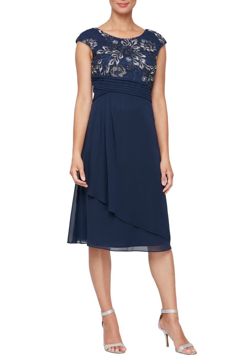 Embroidered Bodice A-Line Cocktail Dress, Main, color, NAVY/SILVER