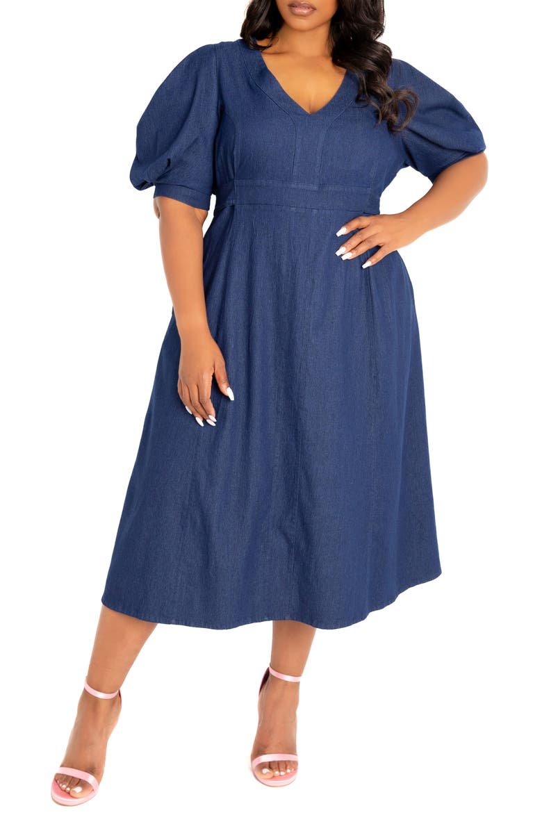 BUXOM COUTURE Puff Sleeve Denim Midi Dress, Main, color, Denim Blue