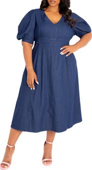 BUXOM COUTURE Puff Sleeve Denim Midi Dress