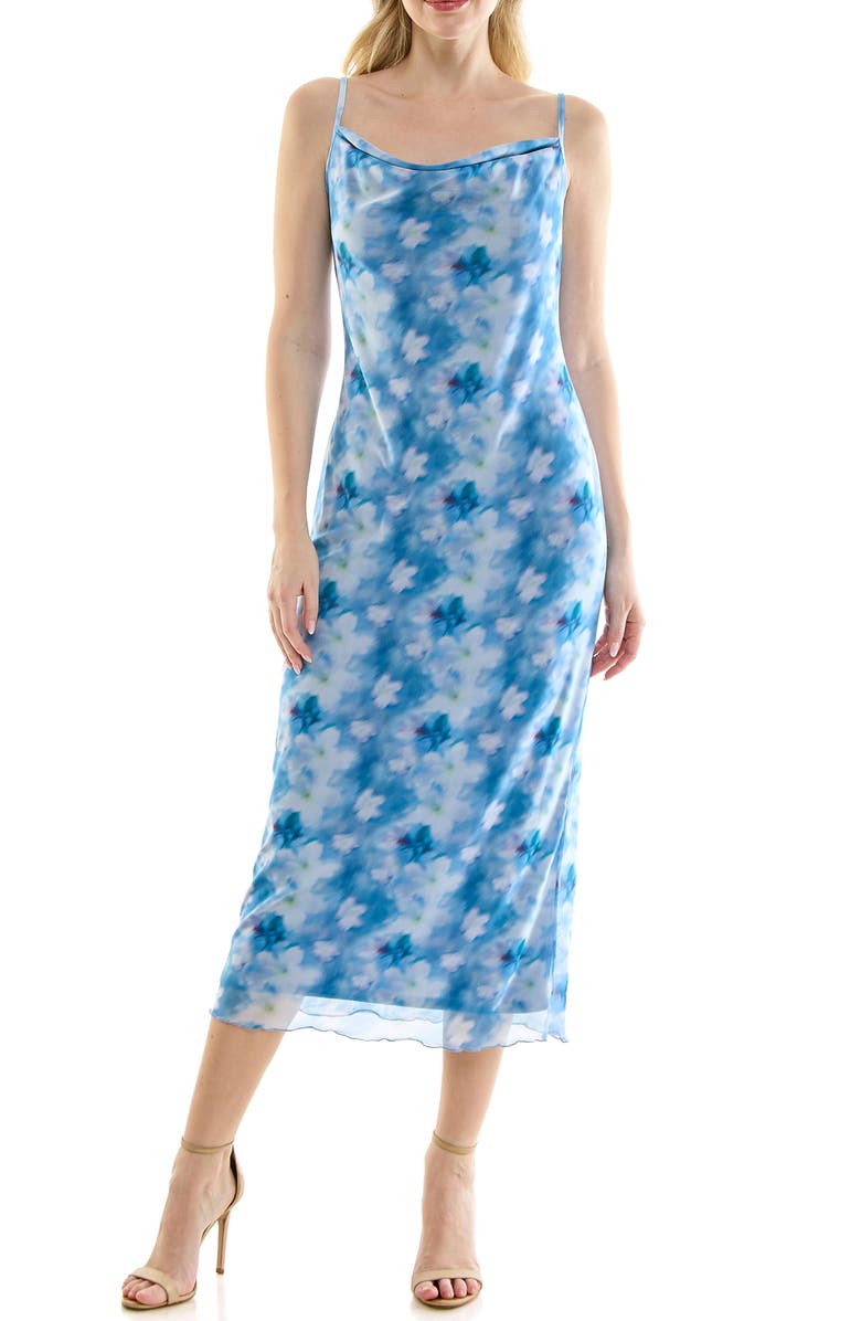 bebe Tropical Mesh Cowl Maxi Dress, Main, color, 