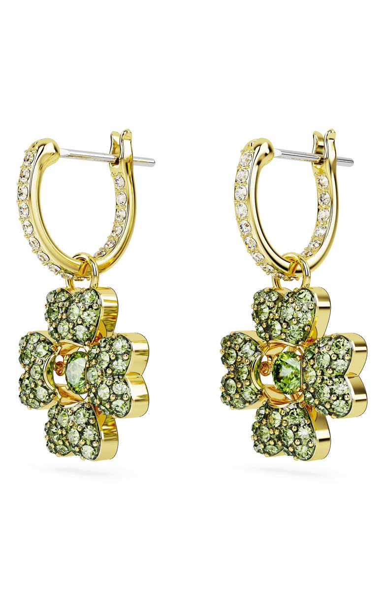 Swarovski Idyllia Crystal Pavé Clover Pendant Huggie Hoop Earrings, Alternate, color, Green