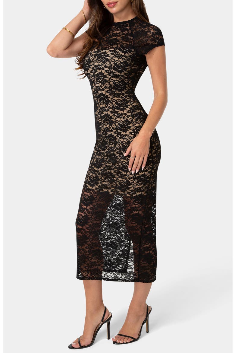 Cap Sleeve Lace Midi Dress, Alternate, color, BLACK