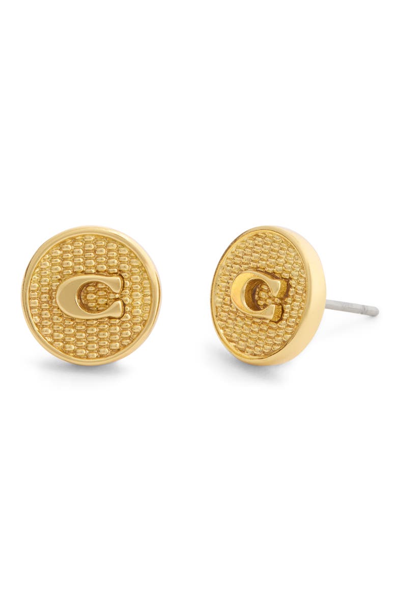 Textured C Coin Stud Earrings, Main, color, GOLD