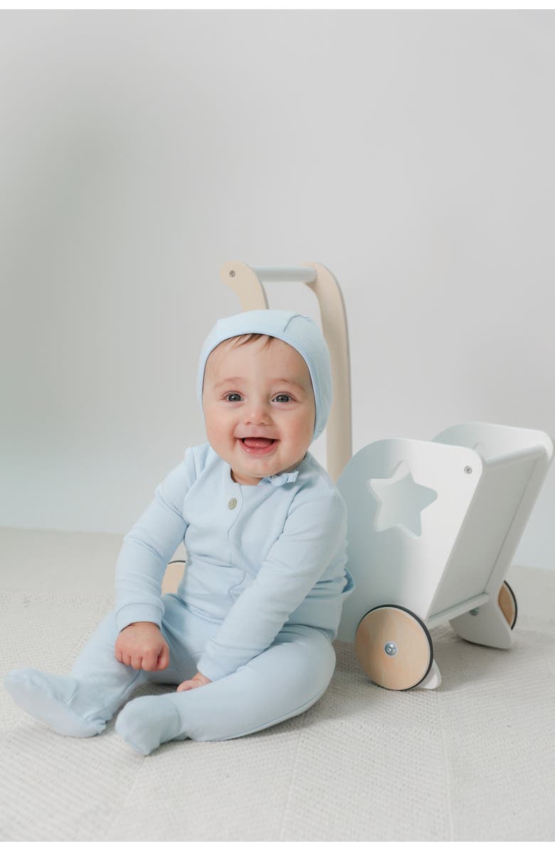 Fragile Boy Cotton Scallop Romper with Bonnet, Alternate, color, Baby Blue