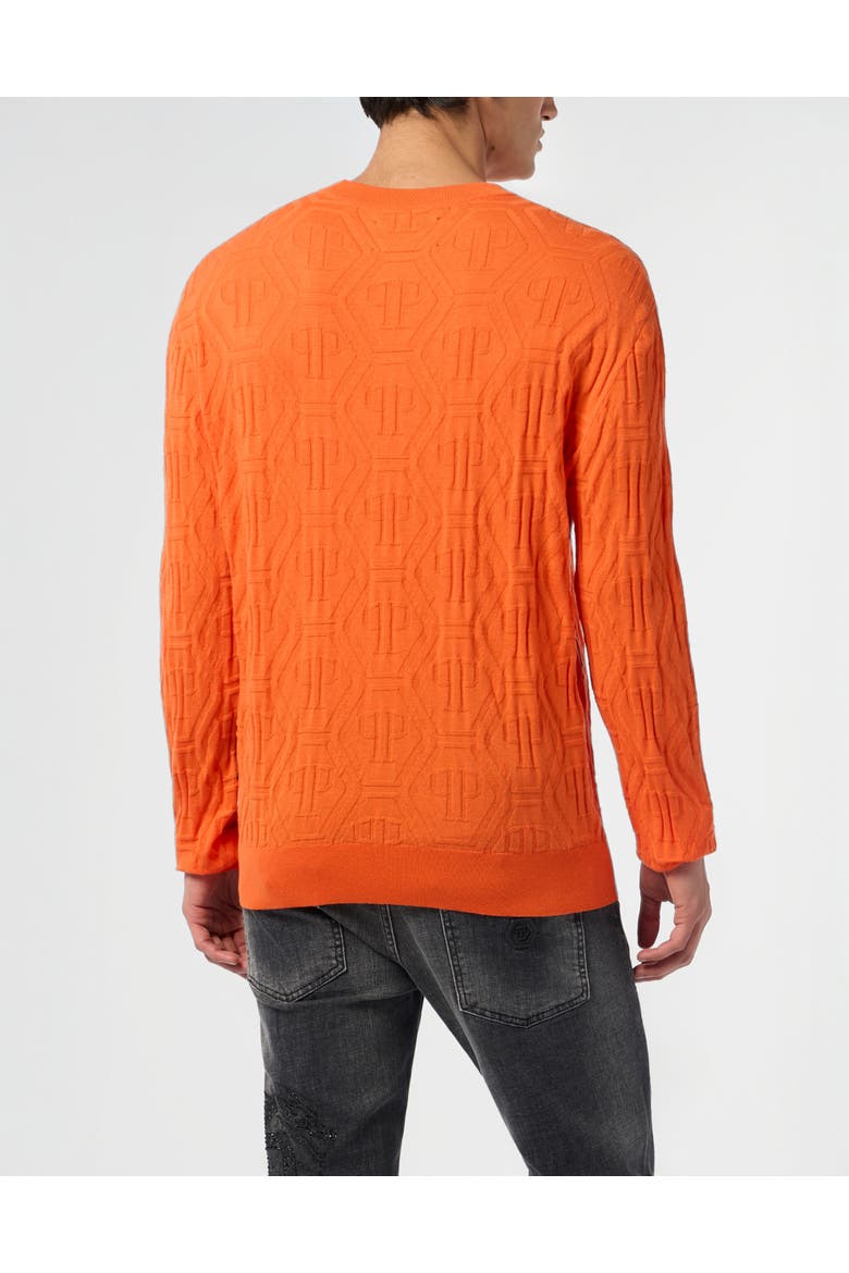 Jacquard Round Neck Pullover Monogram Men, Alternate, color, orange