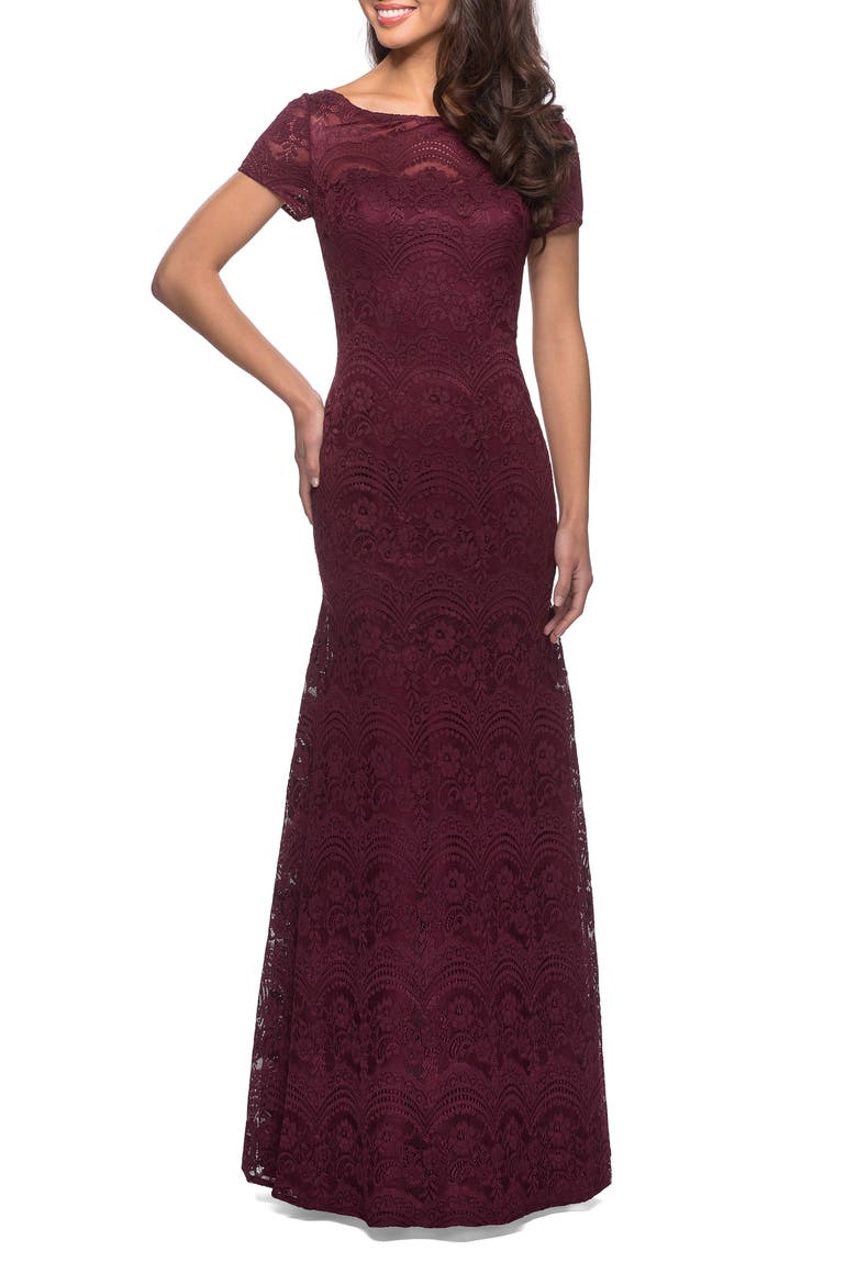 Floor Length Lace Gown with Short Sleeves, Main, color, Garnet