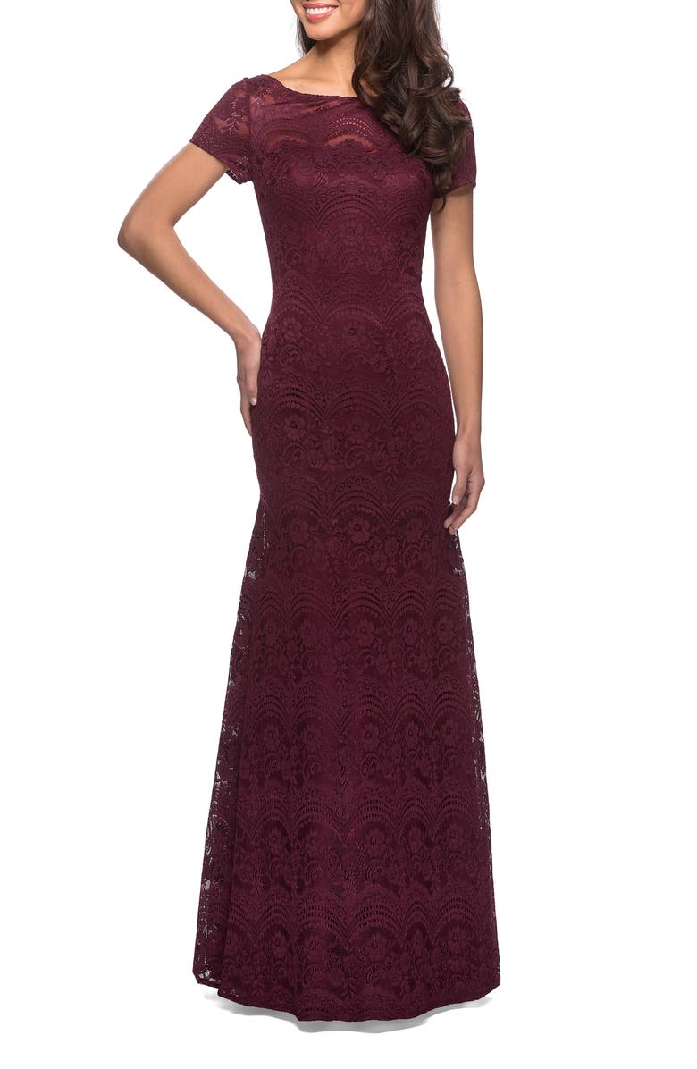 La Femme Floor Length Lace Gown with Short Sleeves, Main, color, Garnet