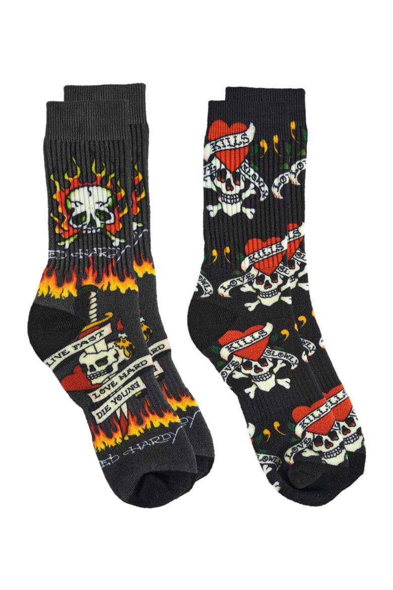 Flaming Skull 360 Print Full Cushion Crew Sock 2-Pack, Alternate, color, Grey