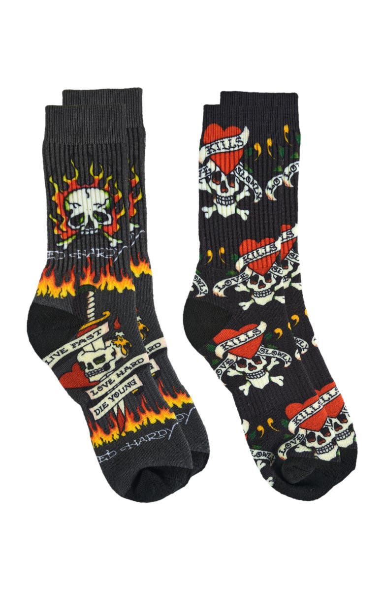 Ed Hardy Flaming Skull 360 Print Full Cushion Crew Sock 2-Pack, Alternate, color, Grey