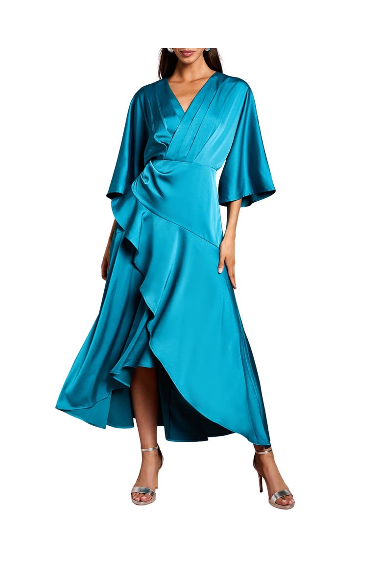 Satin Crepe Ruffle Wrap Midi Dress, Main, color, Teal