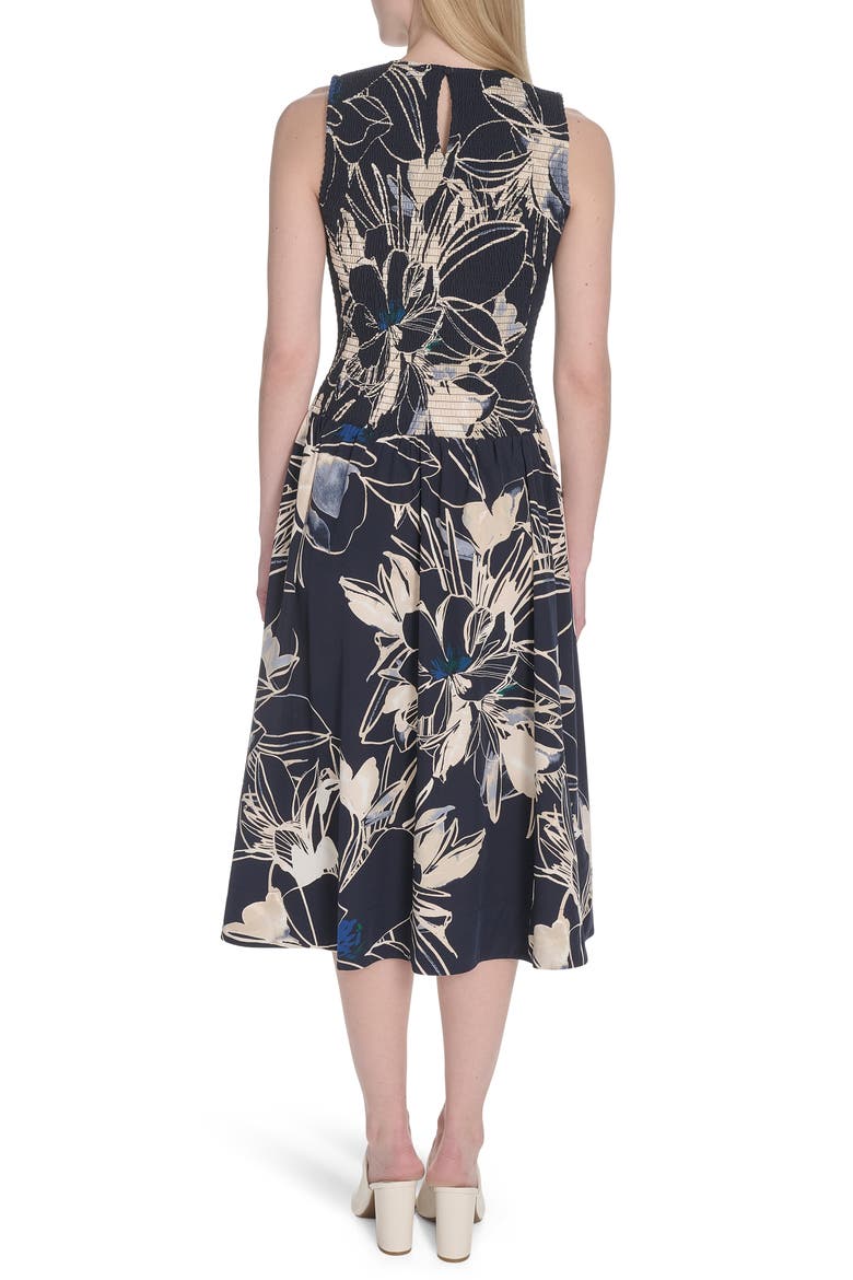 Floral Sleeveless Smocked Fit & Flare Midi Dress, Alternate, color, INDIGO MULTI