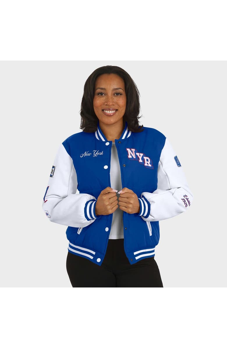 WEAR by Erin Andrews Women's WEAR by Erin Andrews Blue/White New York Rangers Varsity Full-Snap Puffer Jacket, Alternate, color, Blue