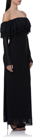 Betty Off the Shoulder Long Sleeve Mesh Maxi Dress