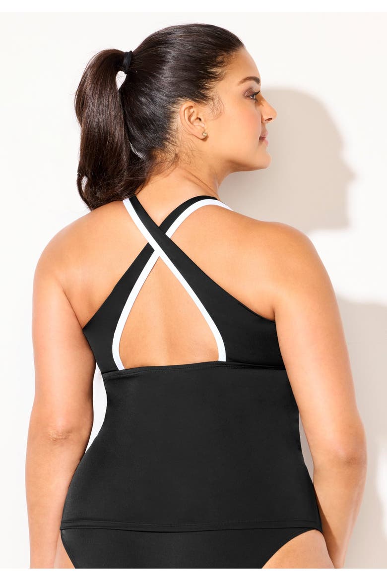 Chlorine Resistant Square Neck Contrast Trim Tankini Top, Alternate, color, Black White