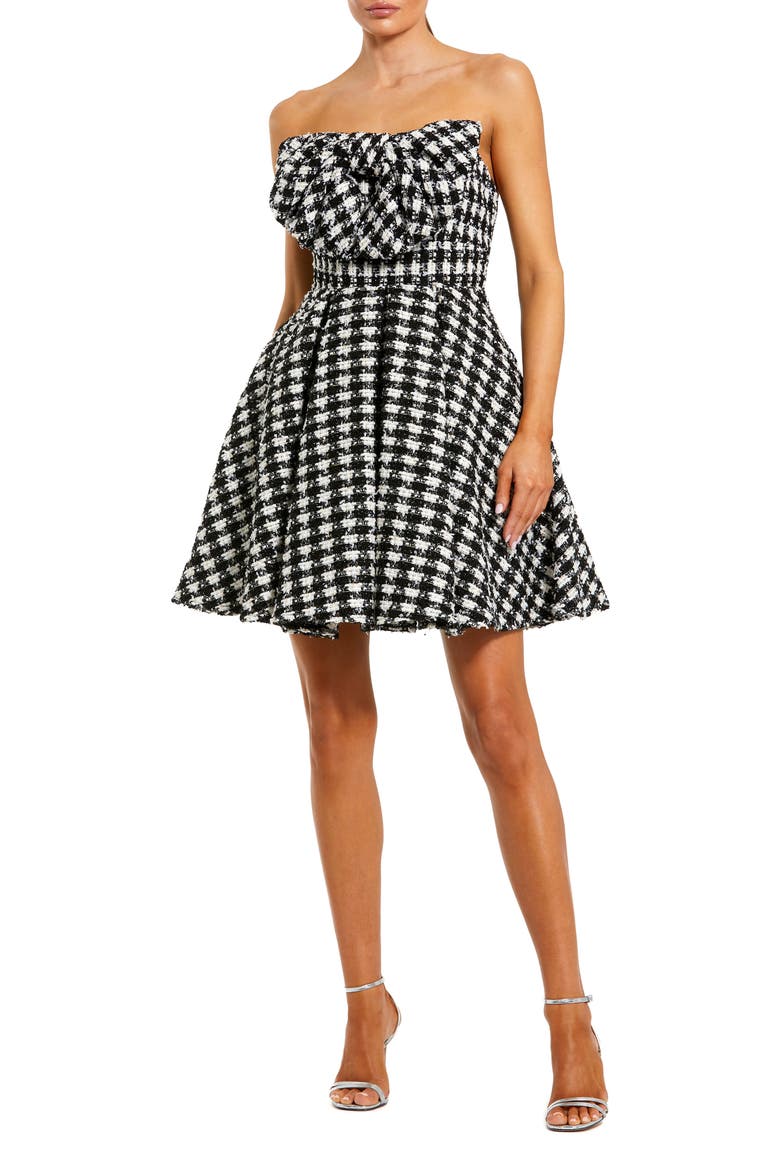 Women's Boucle Strapless Mini Dress With Bow, Main, color, Black Ivory