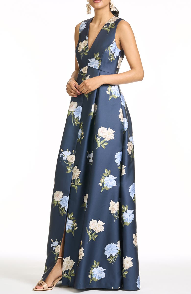 Sachin & Babi Brooklynne Floral Mikado Gown, Main, color, Maritime Corsage