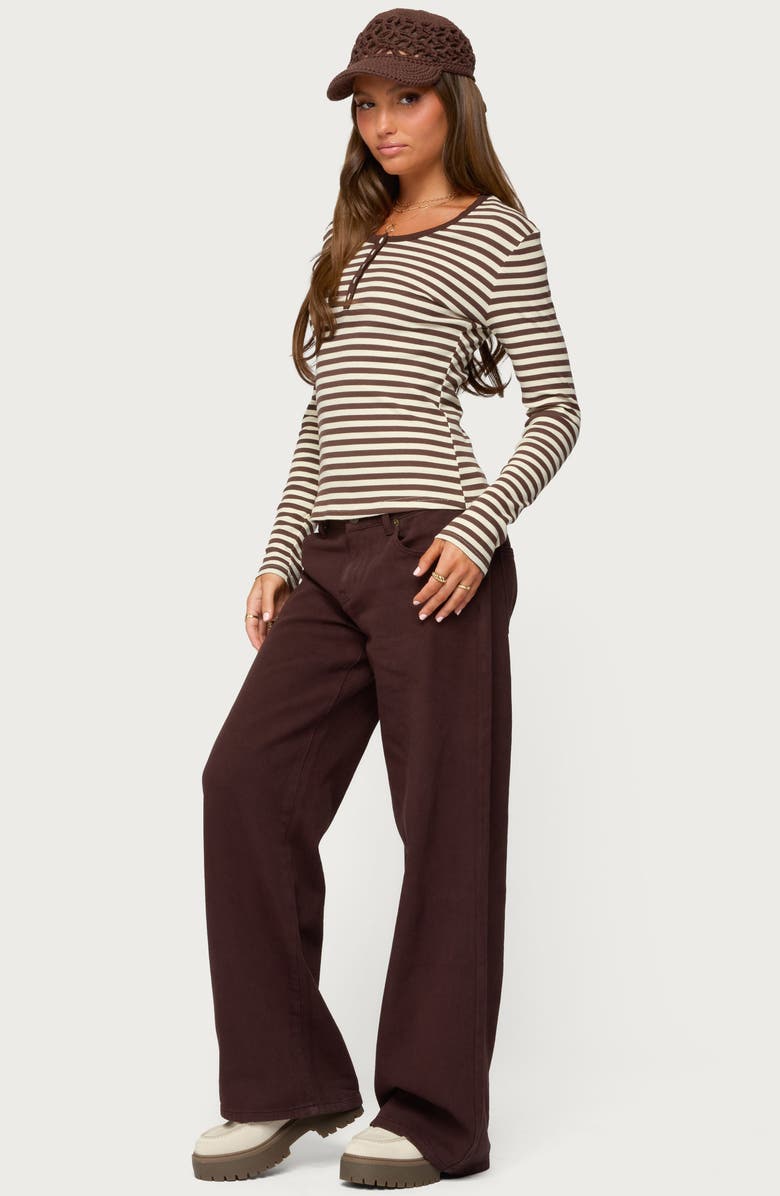 EDIKTED Roma Stripe Rib Henley Top, Alternate, color, Brown