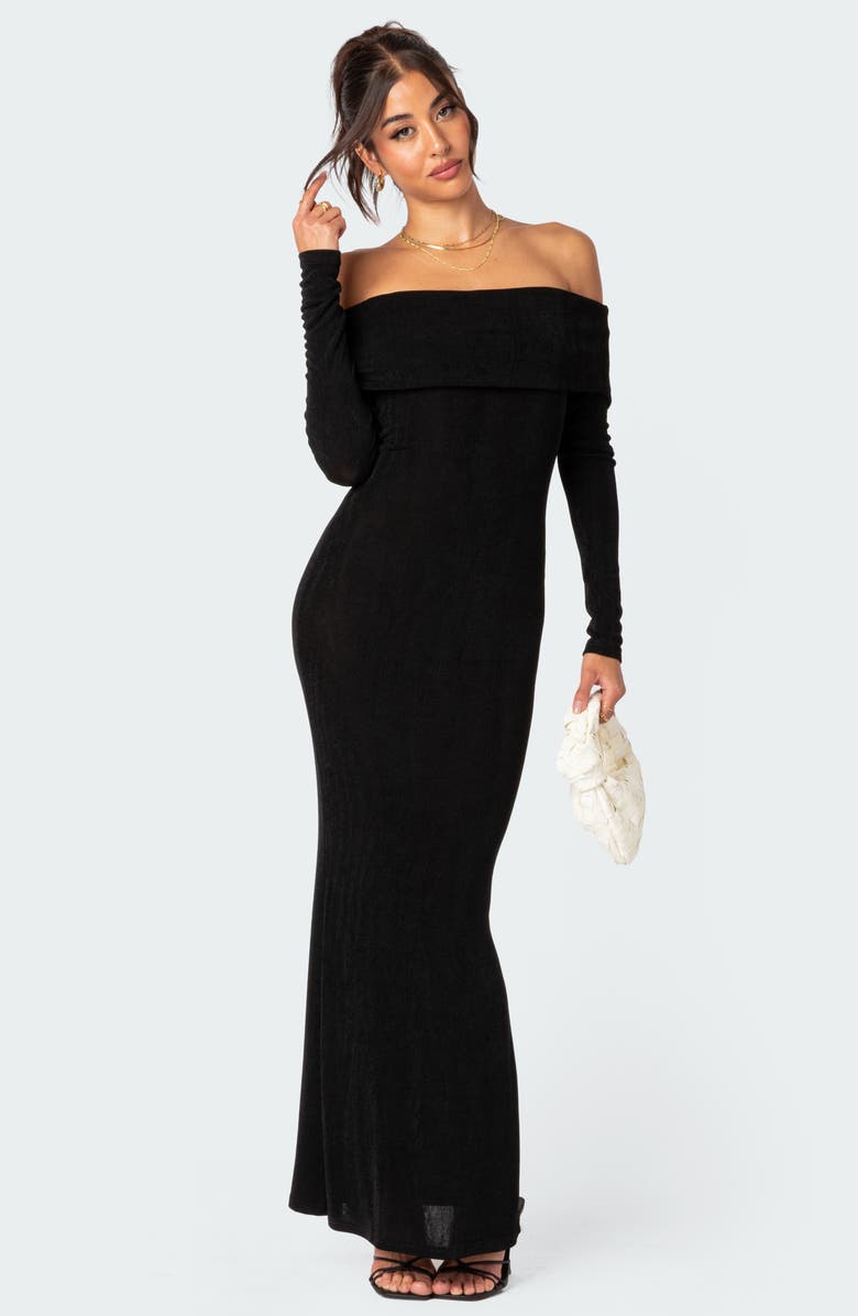 EDIKTED Susan Off the Shoulder Long Sleeve Maxi Dress, Alternate, color, Black