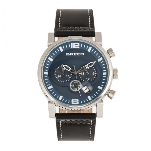 BREED Ryker Chronograph Leather-Band Watch w/Date in Black/blue 