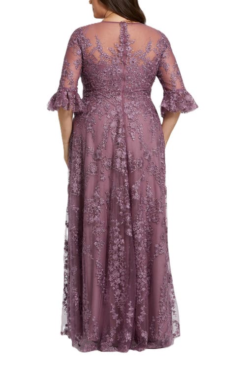 Mac Duggal High Neck Flutter Sleeve Embroidered A Line Gown In Vintage Lilac
