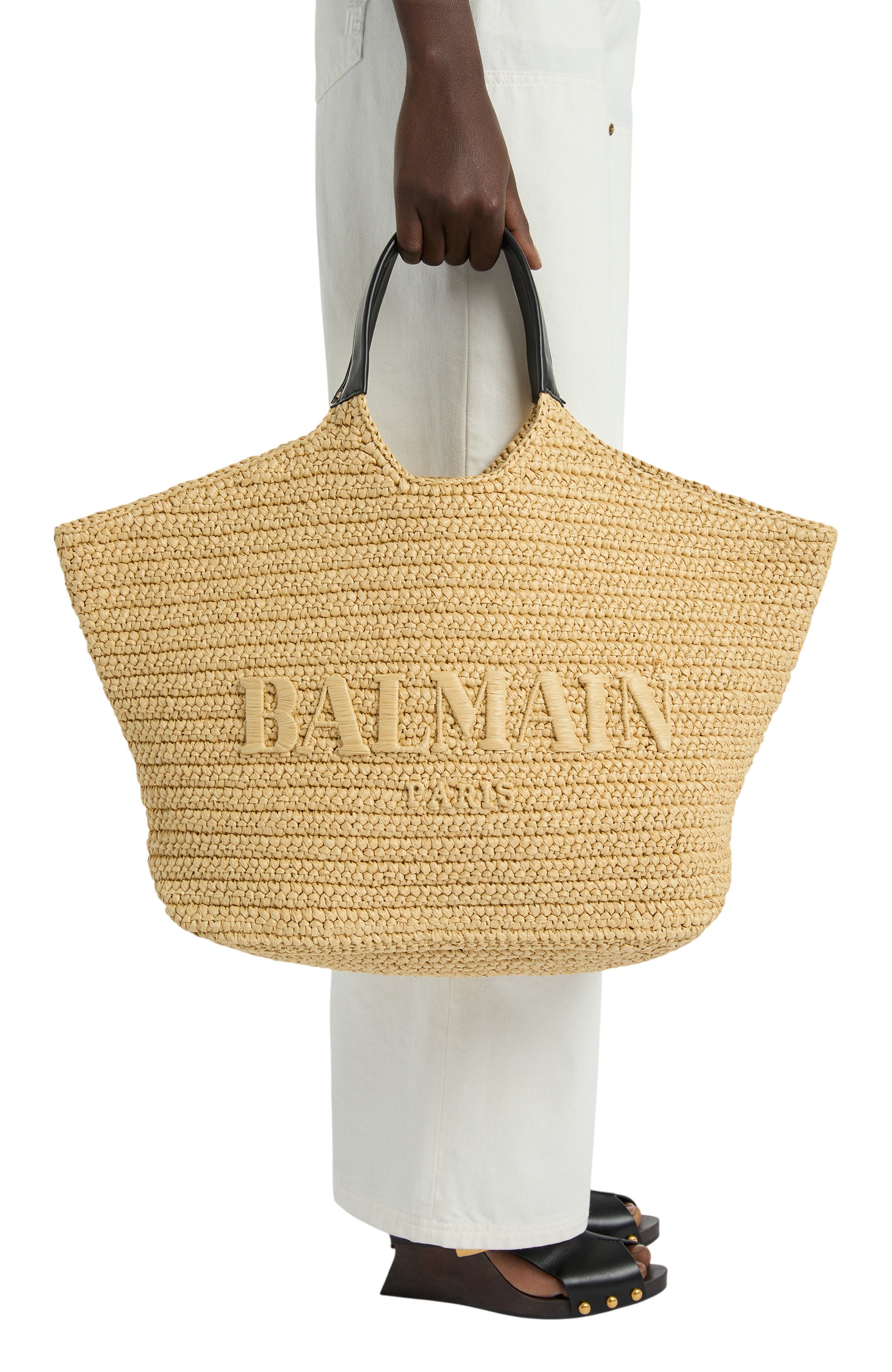 Balmain crochet tote bag, Alternate, color, Beige